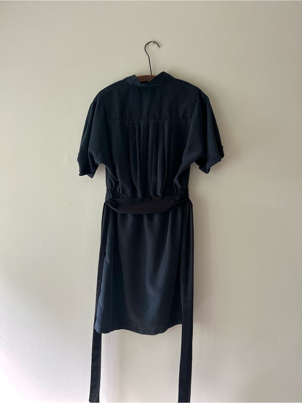 Buttery Soft Pleated Deep Muted Blue Wrap Dress with Tie Waist - Picture 8 of 15